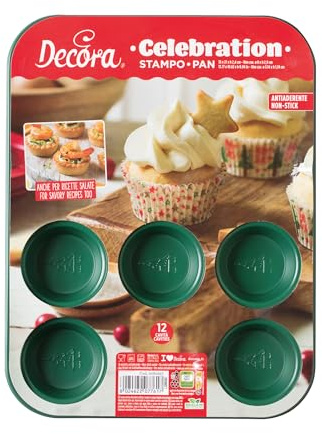 Decora 0080257 Stampo Muffin Celebration Verde 12 Cav da ø 8 x h 2,9, stampo 39,5 x 27 x h 2,4 Cm, In Metallo Antiaderente, per realizzare preparazioni dolci e salate.