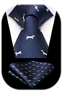 HISDERN Corbatas Azul Marino Hombre y Pañuelo Corbata con Motivo Perro Modernas Conjunto Elegante Boda Business Partido
