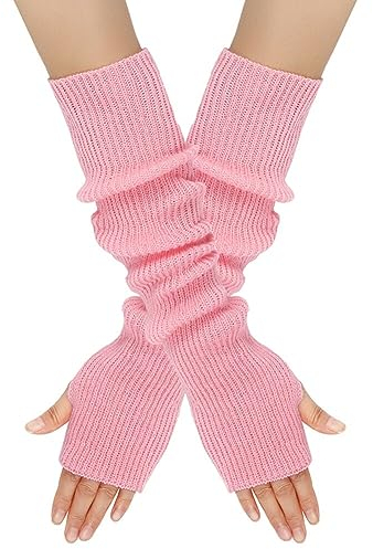 Surakey Winter Gestrickte Handschuhe für Damen, 1 Paar Fingerlose Armstulpen Feinstrick lang Handwärmer Stulpen, Warm Strick Handschuhe Pluswärmer Handstulpen Armwärmer Stulpen für Damen,Rosa