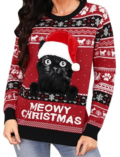 Jezonga Maglion Natal Donna Maglioni di Natale Brutti Maglioncino Gatto Divertente Invernale Caldo Girocollo Maniche Lunghe Christmas per Donna