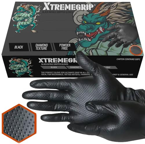 Xtremeauto Nitrile Gloves - Disposable, Diamond Grip Black, Powder-Free & Latex Free - Extra Thick & Strong Rubber for Mechanics (1 Box, Large)