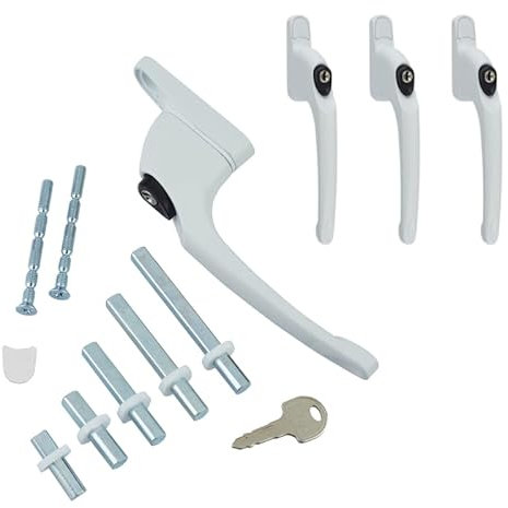 FixRello Manija universal en línea de uPVC para ventana, con cerradura, ambidiestro, multihusillo, color blanco con botón negro (paquete de 4)