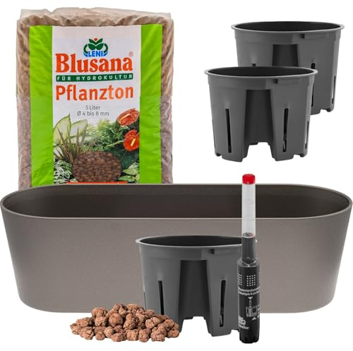 Leni Flori Jardiniere Blumentopf Dunkelsilber/Silber-grau länglich 36 cm Hydrokultur-Komplett-Set mit Übertopf Hydro-Töpfen Wasserstandsanzeiger & Pflanzton