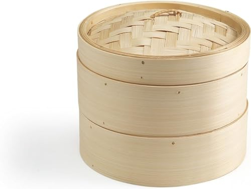 VIVAAS 2 Tier Bamboo Steamer Set 10 CM Two-Tier Food Steamer Basket Vegetable Steamer Bamboo Healthy Cooking for Vegetables, Dim Sum Dumplings, Buns, Chicken Fish And Meat