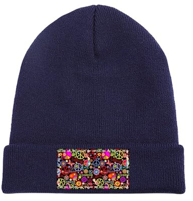 Warme bequeme Herren- und Damenmütze, bunte Blumen, Peace-Beanie, Marineblau