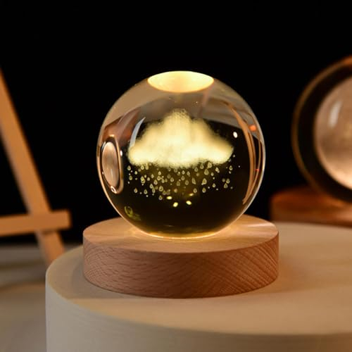 Sfera di cristallo 3D notturna,base in legno sfera di vetro notturna,spazio di visualizzazione fantasia a LED,camera da letto e decorazione dell'ufficio. (Pioggia di nuvole)