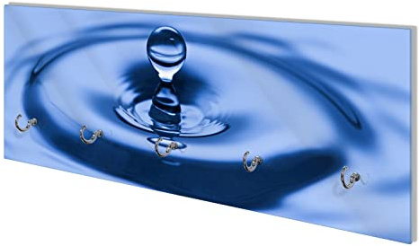 Wallario Wandgarderobe aus Glas in Größe 80 x 30 cm mit Memoboard-Funktion, Motiv: Wassertropfen im blauen Wasser | 5 Kleiderhaken zum Aufhängen von Jacken