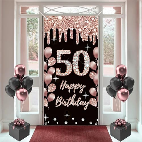 50. Geburtstag Dekorationen für Frauen, Happy 50. Geburtstag Stoff-Schild Poster, Rosegold Hintergrund, 180 cm x 90 cm