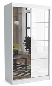 Brent - Kleiderschrank mit Spiegel Suzan, 120cm Breit, Schlafzimmerschrank mit 1 Kleiderstange und Einlegeböden für Kleidung, Kleiderschrank Weiß Matt/Weiß Hochglanz