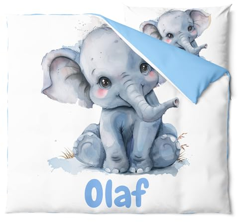 Pictogogo Elefant-Design Babybettwäsche mit Namen, Personalisiert, Wählbare Baumwollunterfarbe (Weiß, Rosa, Blau, Grau), Oeko-TEX, 80 x 80 cm