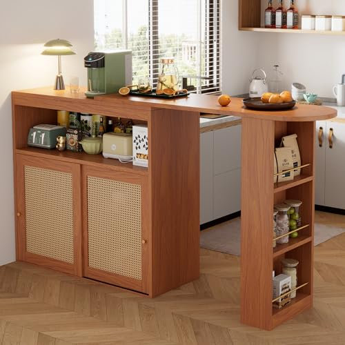 NNJN Mesa de bar extensible con espacio de almacenamiento, de ratán en los frentes de la puerta, estantes ajustables, mesa alta de bistró, mesa alta de cocina, pequeña (138-193 x 39 x 104 cm)