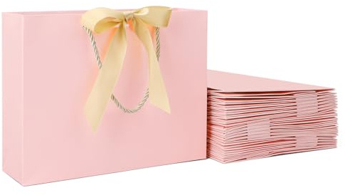 EUSOAR Geschenktüten Rosa mit Schleifenbändern - 20 stück Geschenktasche Rosa mit Schleifenband Mittel M 27x8x21cm - 210GSM Pink Papiertüten Papiertragetaschen mit Satinband für Bridesmaid Geburtstag