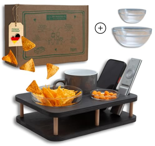 Couchbar Snackbar in Schwarz mit 2 Glasschalen - Sofatablett für Snacks & Getränke [stabil & sicher] - Snackbar mit Getränkehalter - Tablett für die Couch zum abstellen