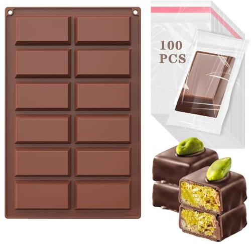 Dubai Stampo per Cioccolato in Silicone Profondo,12 chambres 100 sacchi antiaderenti stampo tavoletta cioccolato,per Tavolette di Cioccolato Fai da Te,per Praline,Stampo Silicone per Ganache,Senza BPA