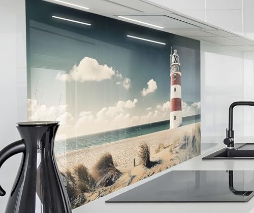 timalo Spritzschutz Wand für Herd, Küche Küchenrückwand Glasoptik | Acryl Glas 2mm | Glasrückwand Acrylglas Wandpaneele Rückwandschutz Platte | 80x50cm Leuchtturm Meer Strand