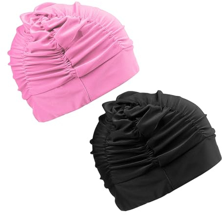 2 Cuffie da Nuoto da Donna, Cuffia da Nuoto Fissa per Capelli Lunghi, Elastica E Regolabile, Attrezzatura per Il Nuoto, Accessori per Il Nuoto (Nero, Rosa)