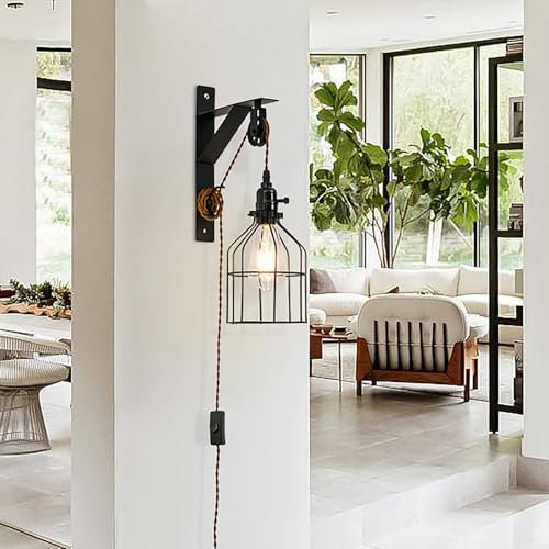 LED Retro Wandlampe Vintage Stil Industrie Wandbeleuchtung E27 Leuchte Wandleuchten mit Stecker Schalter Einstellbarer Riemenscheibe Wandleuchte für Innenbeleuchtung Restaurant Bar Salon (1 Stück)