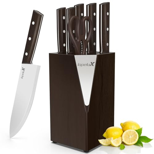 lapelux Kitchen Knives - 6-piece Knife Set - Kitchen Knife Set with Knife Block, Natural Wood, Sharp Stainless Steel Blades for Cutting Meat/Bread/Vegetables/Fruit...