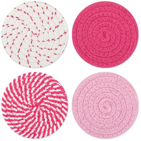 Piriuuo 4 Pcs Woven Cup Coasters for Desk - Absorbent Boho Minimalist Drink Coaster Set for Home Decor, 4.13 In (Pink)