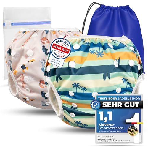 KIDVERSE 2er Set Schwimmwindel Baby Badehose 0-3 Jahre - Hautfreundliche Schwimmwindeln wiederverwendbar & saugstark - Größenverstellbare Badewindel Baby Schwimmhose inkl. Tragetasche & Wäschenetz