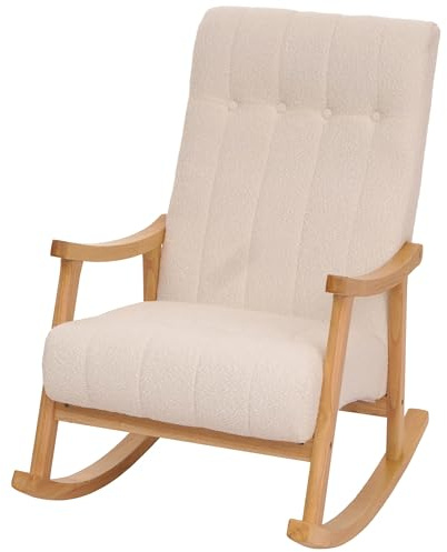 Mendler Schaukelstuhl HWC-K10 Holz - Creme, Gestell Natur | Relaxsessel, FSC®, Stoff/Textil, Bouclé, (450g/m²)