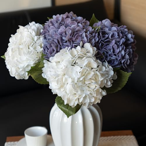 DUYONE Lot de 4 hortensias artificiels réalistes de 55,9 cm, 2 grandes fleurs blanches et 2 violettes claires, fleurs séchées pour extérieur, mariage, Noël, bureau, fête de famille, salon, décoration