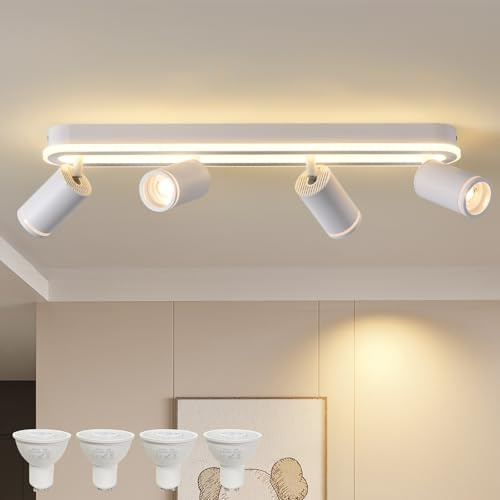 Plafoniera 4 Fiamme Orientabile 350°,Faretti Led Soffitto con Bagliore Inferiore 36W+4x5W Spot GU10,Faretti Soffitto Bianco Caldo 3000K,Lampada da Soffitto Moderna,Faretto per Cucina,Soggiorno Bianco