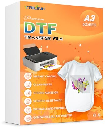 TRILINK DTF Transferfolie A3 (29,7 x 42cm)-60 Blätter Premium PET Direct to Film Druck Folie, Transferpapier für DTF Drucker - Geeignet für Baumwolle, Polyester und Textilien - Ideal für T-Shirt Druck