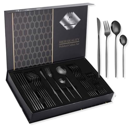 MJDHS 24 pièces Service de Table réutilisable pour 6 Personnes avec Couteau,Fourchette,cuillère, Lavable au Lave-Vaisselle, Mat, poignée Fine, Lave-Vaisselle(Size:b,Color:Noir)