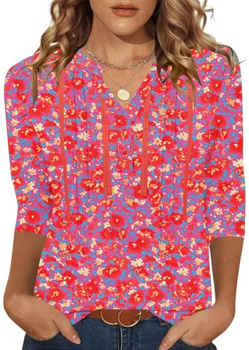 Rapbin Red Tops for Women Summer 3/4 Length Sleeve V Neck Pleated Tunics Loose Fit Floral Print Curvy Blouses (XXL)