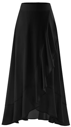 Timormode Women Flowy Ruffle Skirt Long Summer Beach Skirts Elastic Waist A-line Chiffon Casual Midi Skirt TMS8006 Black M