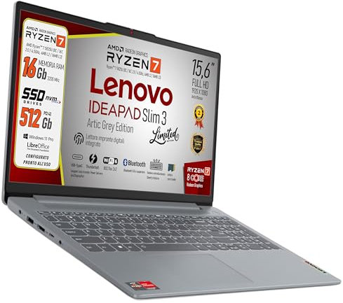 Lenovo, pc portatile Notebook, AMD Ryzen 7 5825U, 8 Core, Ram 16Gb, Display IPS FHD 15,6, SSD Nvme 512Gb, Wi-Fi 6, Bt, Fingerprint, USB type-c, Tastiera retroilluminata, Win11 Pro, Pronto all'Uso