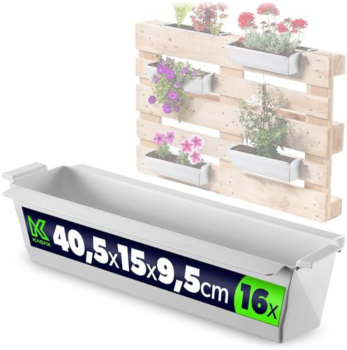 KADAX Juego de 16 jardineras para palés con sistema colgante, 37 x 9 cm, color blanco, para plantar y decorar como jardinera de balcón, jardinera para palé europeo, inserto de maceta y maceta en
