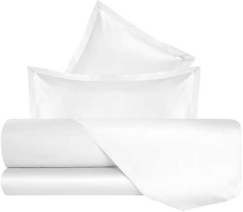 Mahome Set Lenzuola Matrimoniale Pregiato Raso di Cotone 100% 300 fili (TC) Artigianale - Lenzuolo con Angoli 180x200x27cm, Lenzuolo Sopra 260x300cm, 2 Federe con Volant - Made in Italy – Bianco