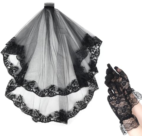 Tucnoeu 1 Stück Spitze Schwarzer Schleier und 1 Stück Spitze Netzhandschuhe Schwarz, Schleier Halloween, Geeignet für Braut-Halloween-Partys und Cosplay