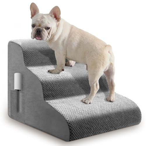 Dog Steps for Bed, 30D High-Density Foam Steps for Sofa with Washable Cover & Non-Slip Bottom, 3-Step Pet Stairs for Small Dogs & Cats, Comfortable Curved Design, 56x40x40cm, Grey