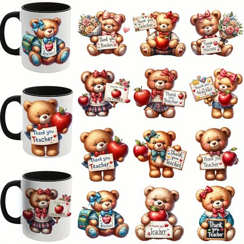 12pcs Thank You Teacher Bear Apple UV DTF Cup Wraps Transfer Waterproof Sticker for Glass Cups Furniture Craft DIY Crafts，Rub on Transfer Stickers for DIY Water Bottle Laptop Decal Wood Car