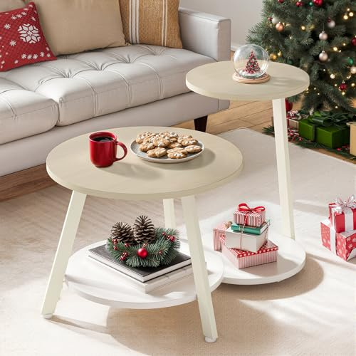 YITAHOME 2er Set Couchtisch Set Rund, Wohnzimmertisch mit Stauraum, Beistelltisch 2er Set Stapelbar mit Holzplatte und Metallrahmen, C-förmiger Beistelltisch, Couch Tisch Wohnzimmer, Eiche