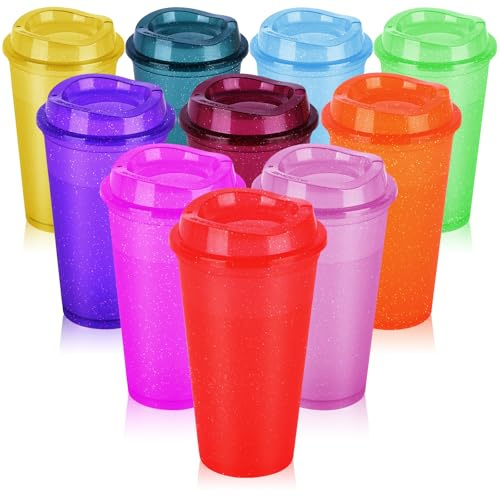 MISTRO Gobelets réutilisables en plastique avec couvercles et pailles : lot de 10 gobelets à paillettes froides de 473,6 g pour boissons, café glacé, gobelets de fête en vrac pour enfants et adultes