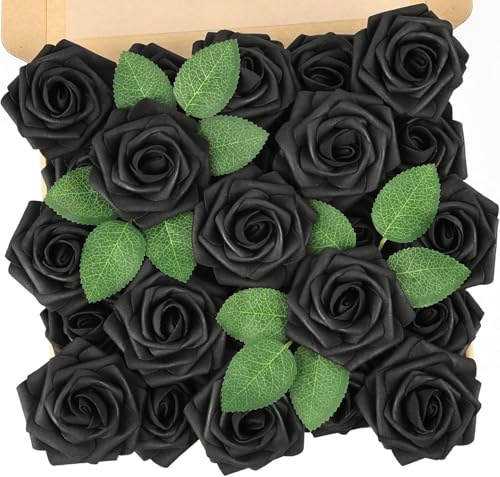 N&T NIETING Artificial Flowers Roses, 25pcs Black Roes Foam Fake Rose with Stems for DIY Wedding Bouquets Bridal Shower Centerpieces Floral Arrangements Party Tables Home Decorations