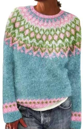 Generisch Pullover Damen Strickpullover Norweger Langarm Rundhals Elegant Stricken Oberteil Warm Winter Sweater Jumpers Herbst Winter Pulli Winterpullover Pullover Damen Herbst Strick
