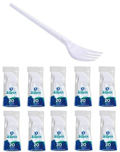 Pack 100 Cucharas De Alta resistentes y duraderos y Lavables - Cuchara 17cm de Color Blanco para Cumpleaños, Picnics, Fiestas, Buffets, Bodas. (200, TENEDOR)