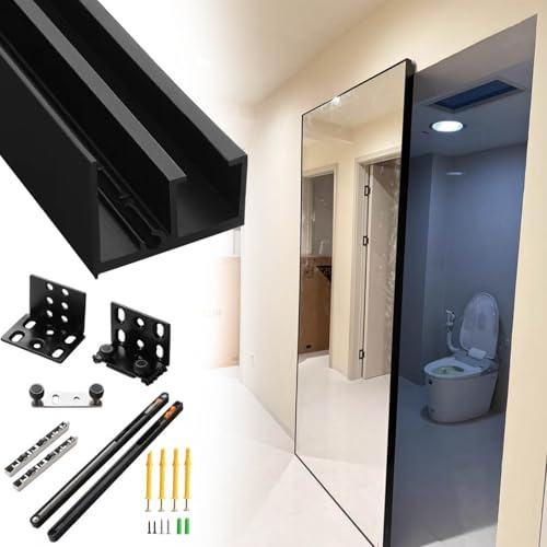 Kit porte coulissante miroir avec rail flottant invisible et mécanisme de fermeture douce pour portes de placard et de grange