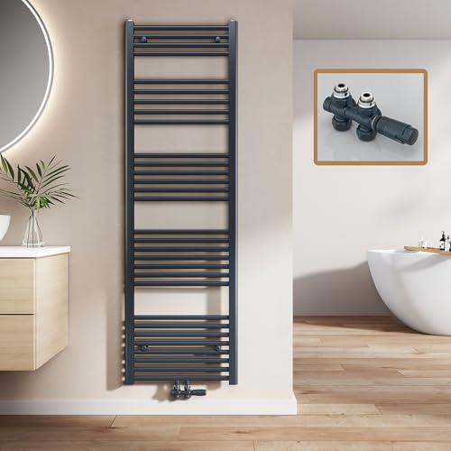 EMKE Badheizkörper 1600x500 mm mit Multiblock, Handtuchheizkörper Gerade mit Mittelanschluss, Effizienter Handtuchwärmer Handtuchtrockner Heizkörper für Bad, Anthrazit, 654W
