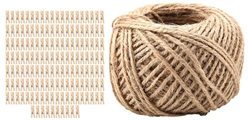 250 Pinzas de Ropa de Madera Natural con 50 Metros de Cordel de Yute para Manualidades de lavandería, Clips para Fotos y decoración del hogar.