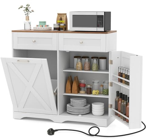 TANGZON Tilt Out Trash Can Cabinet, Pet-Proof Garbage Cabinet with Power Outlets, 2 Drawers, 2 Side Door Shelves, Adjustable Shelf & Barn Doors, Kitchen Pantry Storage Cabinet for Laundry Room (White)