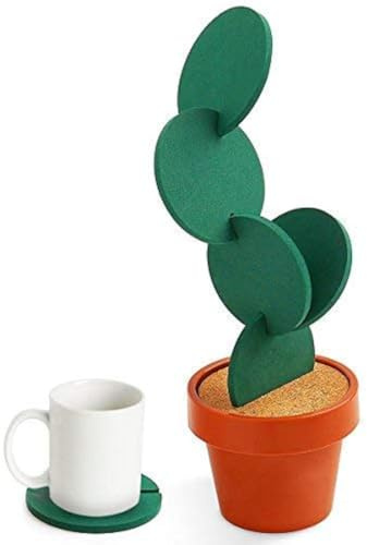 Sirensky Coasters DIY Cactus Coaster Set of 6 Pieces with Flowerpot Holder for Drinks Novelty Gift for Home Office Bar Decor and Improvement, Brand