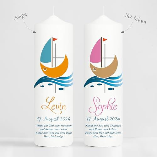 Wandtattoo Loft Taufkerze Junge oder Mädchen mit Taufspruch, Motiv mit einem Boot Schiff, 18cm x 7cm, personalisierte Kerze, bedruckte Kerze zur Taufe, Stumpenkerze, individuelles Taufgeschenk