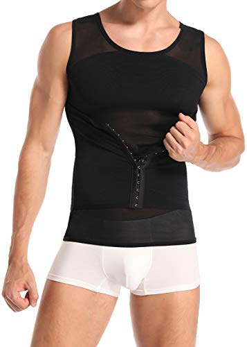 Derssity Mens Compression Shapewear Vest Tops Slimming Chest Tummy Control Body Shaper Undershirts Waist Trainer Posture Corrector(XL) Black