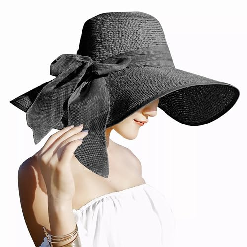 Lanzom Strohhut für Damen, große Schleife, faltbar, schlappig, aufrollbar, Strandkappe, Sonnenhut, 14 cm, LSF 50+, Schwarz, Einheitsgröße